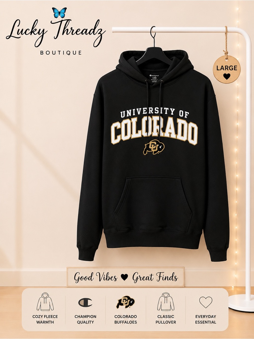 Champion University of Colorado Buffaloes Hoodie Black Pullover Men’s Large